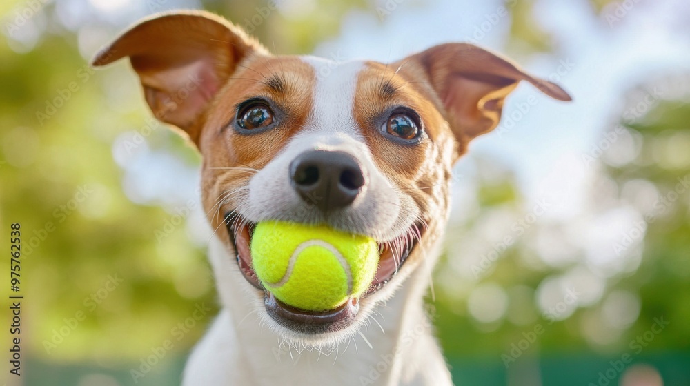 Sticker A dog with a tennis ball in his mouth on the grass, AI