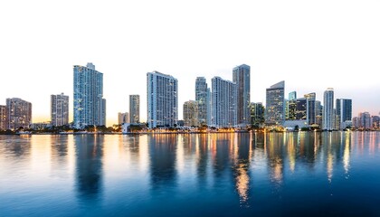 Fototapeta premium Skylines with Illuminated Buildings Reflecting in the Water, Set Against a White Background