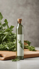 A slender glass bottle with a cork stopper filled with olive oil, stands on a wooden surface against a neutral background. A sprig of rosemary is depicted on the label, and fresh herbs are scattered a
