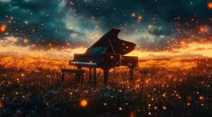 Grand Piano in a Glowing Field of Fireflies Under a Starry Night Sky

