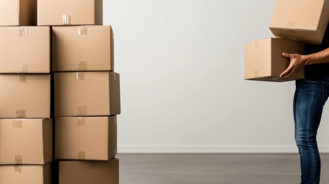 A man holding a stack of boxes in his hands, AI
