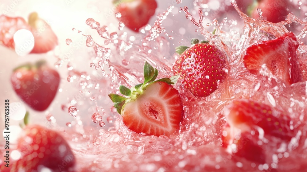 Wall mural A refreshing splash of strawberry juice with fresh strawberry pieces in vibrant motion, perfect for healthy summer beverage