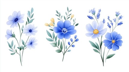 Set of Three Watercolor Floral Arrangements with Blue and White Flowers, Greenery, and Leaves on White Background

