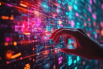 Hand interacting with futuristic digital interface