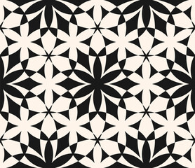 Fototapeta premium Vector black and white geometric seamless pattern. Abstract monochrome texture with flower silhouettes, mosaic. Elegant monochrome ornament background. Repeated geo design for decor, wrapping, fabric