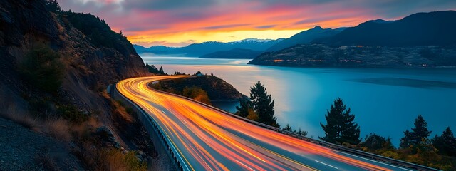 A long exposure photograph of the glowing lights from cars driving along a highway on top of hills