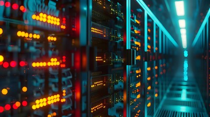 Blockchain Mining Farm with Rows of Servers Processing Transactions Highlighting the Power of Decentralized Computing