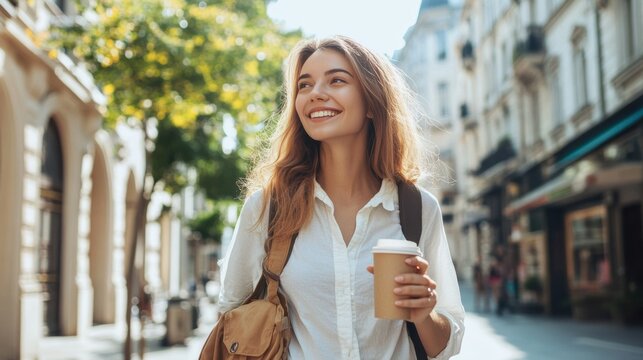 Young woman enjoys coffee while walking through a sunny city street