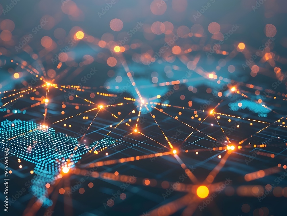 Poster decentralized blockchain network visualized across a global map highlighting connectivity and securi