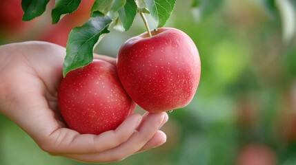 A hand holding two red apples on a branch of an apple tree, AI