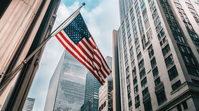 American flag flying high near Wall Street, symbolizing U.S. identity and the center of financial activity and global markets.