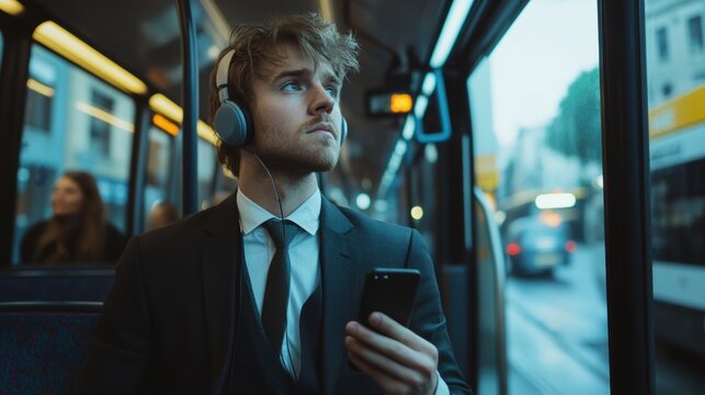 Young man in suit listens to music on bus during evening commute