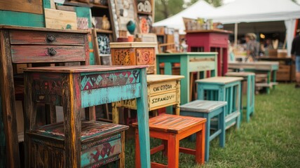 Colorful and unique wooden chairs displayed at an outdoor market, showcasing vibrant craftsmanship and artistic designs.