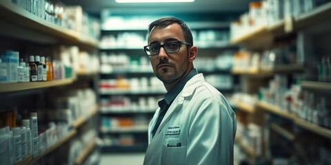 Fototapeta premium A focused pharmacist stands among shelves filled with various medicines. The image captures the essence of healthcare and expertise in a pharmacy setting.