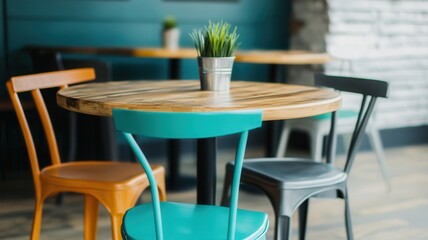 Stylish wooden table with colorful chairs and a small plant centerpiece in a modern cafe setting.