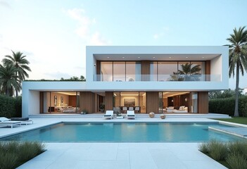 Exterior of amazing modern minimalist cubic villa with large swimming pool among palm trees