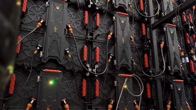 Backside of big LED screen monitor display. Texture of back view of LED panels with power input and output wire and data for advertising background