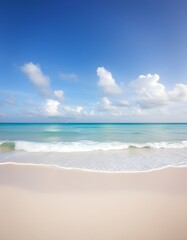 Obraz premium beach with sky,Beautiful sandy beach with white sand and rolling calm wave of turquoise ocean on Sunny day on background white clouds in blue sky. Island in Maldives, colorful perfect panoramic natura