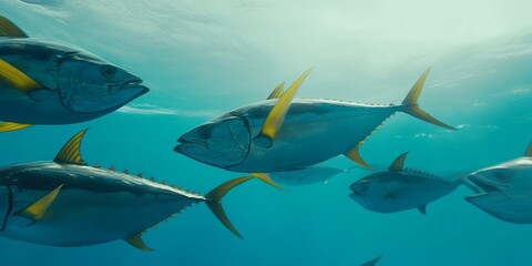 Obraz premium Energetic School of Yellowfin Tuna Swimming Underwater in Vibrant Blue Ocean