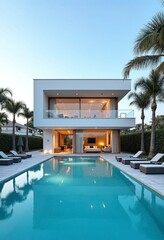 Fototapeta premium Exterior of amazing modern minimalist cubic villa with large swimming pool among palm trees