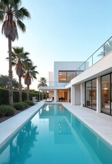 Exterior of amazing modern minimalist cubic villa with large swimming pool among palm trees