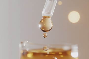 pipette tip releasing a drop of golden liquid into a bottle of serum, beauty and health product , wellness, youthful 