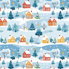 Charming Cozy Winter Village Pattern Featuring a Beautiful Snowy Landscape Scene