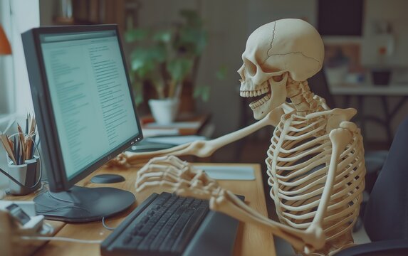 Skeleton workicng on pc professional advertising poster realistic instagram photo 