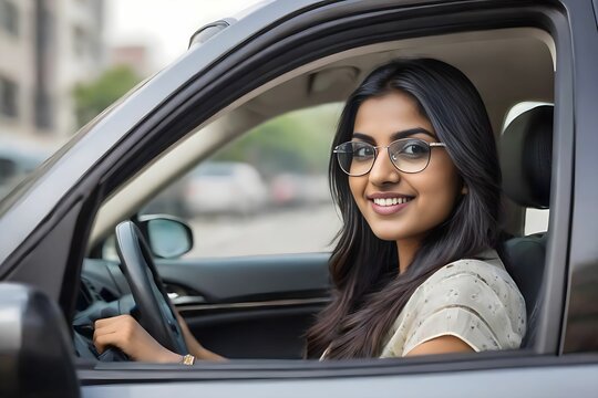 Young woman wearing glasses driving a car