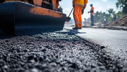 Construction workers repair a highway using heavy machinery in a rural setting under a bright sky during the day