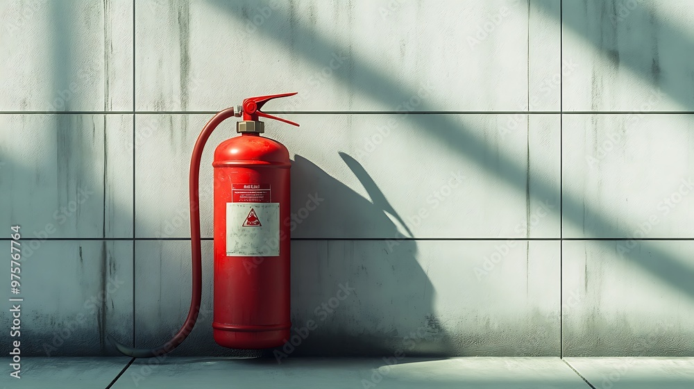 Poster Red Fire Extinguisher Against a Tiled Wall