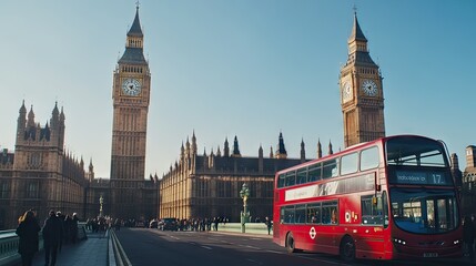 Big Ben and a red double-decker bus, set against a clear blue sky, representing the iconic symbols of British culture.
