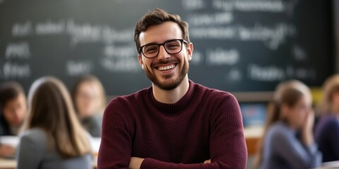 A young man smiles confidently in a classroom setting. He wears glasses and casual attire. The background features a blackboard filled with text. This is a cheerful academic atmosphere. AI