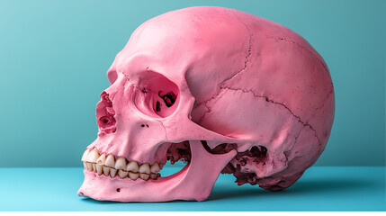 Pink skull with a missing jaw on blue surface