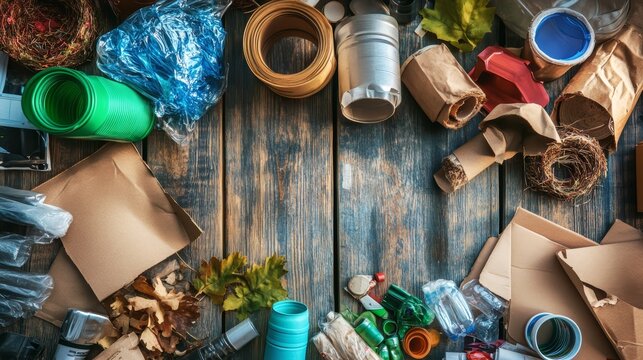 Recycling Waste on Wooden Background
