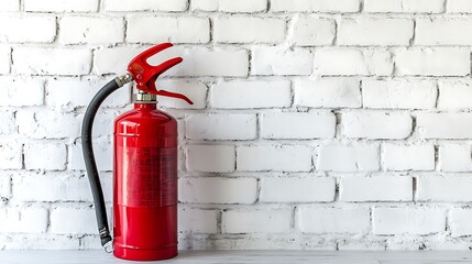 Naklejka premium Fire Extinguisher Against White Brick Wall