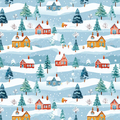 Delightful and Charming Winter Scene featuring Cozy Houses and Beautiful Snowy Trees