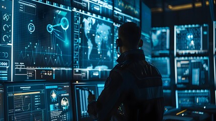 Cybersecurity Analyst Monitoring Multiple Data Streams on Futuristic High Tech Digital Screens for Real Time Threat Detection