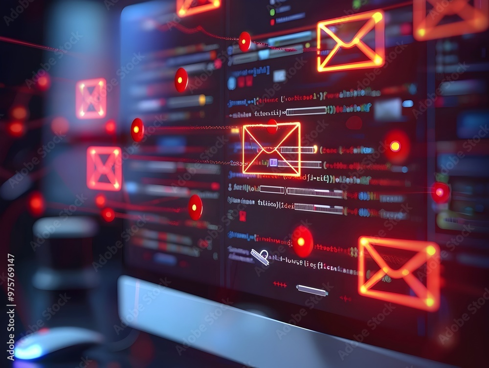 Poster simulated phishing attack on computer screen with cybersecurity alerts and deceptive emails