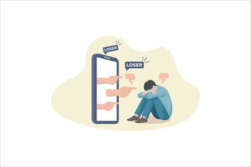 Cyber Bullying. Sad young man sitting in front of phone with dislike in social media, mockery. Depressed young man after insult, swear, verbal abuse in internet. Depression, stress concept