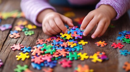 Child's Hands Putting Together a Colorful Jigsaw Puzzle