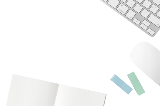 Stationery frame cutout consisting of a spread notebook, white keyboard, white mouse, and small sticky note