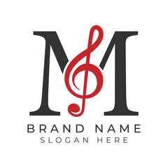 Initial Letter M with musical note Style icon. Alphabet M Music logo design