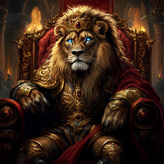 Close-up of a royal lion seated on a throne