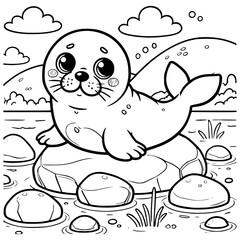 Adorable and Playful Baby Seal Resting on a Rock Coloring Page for Kids’ Fun and Learning Activity