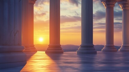 Fototapeta premium Stone columns concrete texture pillar classical building exterior with sunset sky