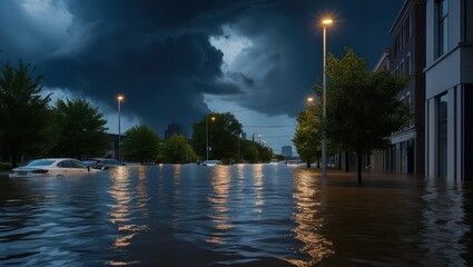 Obraz premium Flooded Street Under Dramatic Storm Clouds