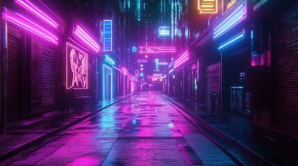 3D illustration of cyberpunk architecture with vibrant blue-purple neon lights illuminating an urban street.