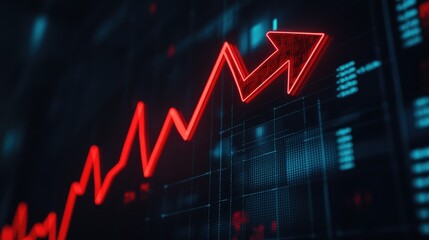 Naklejka premium A bold red arrow pointing upward on a dark background, symbolizing economic and business growth with charts in the distance.