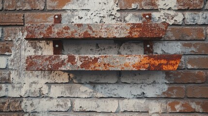 Naklejka premium A close-up shot of rusty, weathered iron boards hanging on the side of an old brick building, with flaking paint and aged textures.